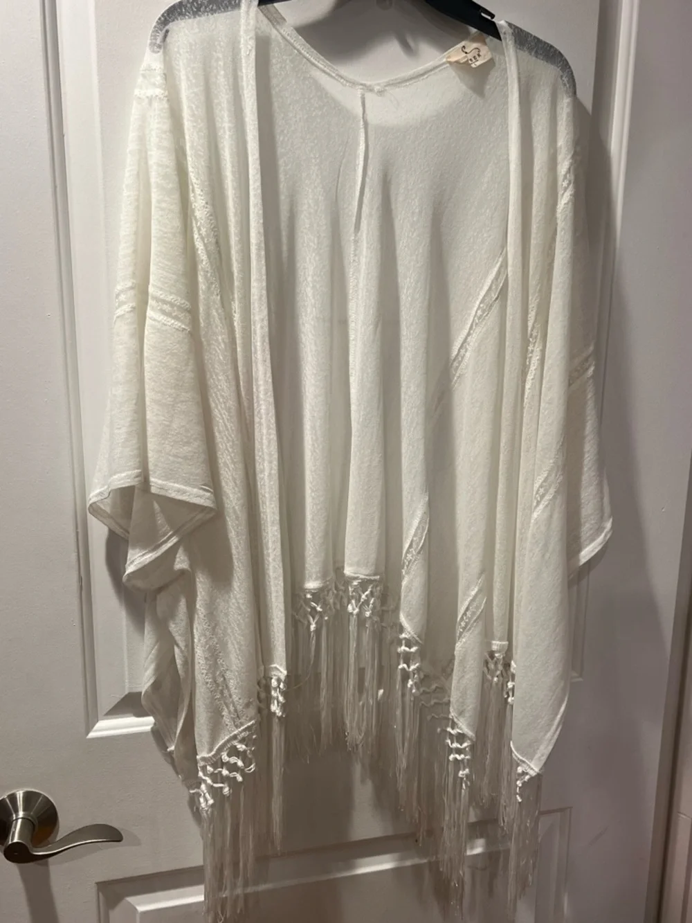 White Fringe Open-Front Kimono Cover-Up